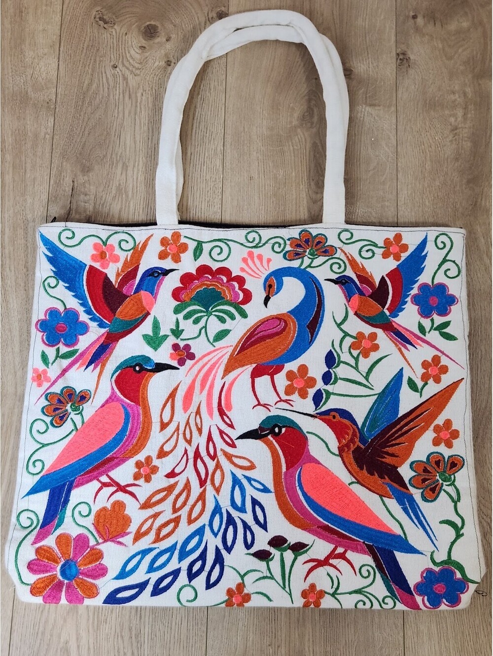 Embroidered Artisanal Mexican Large Tote Bag Colorful Birds Flowers Zipper